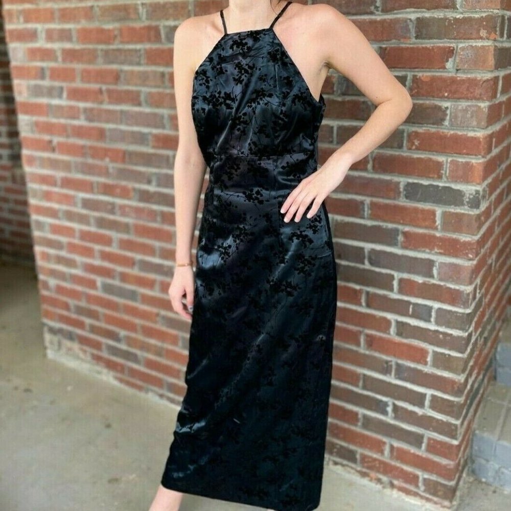 Breakin Loose 6 Black Formal Halter Pencil dress 90s Y2K floral Velvet embossing